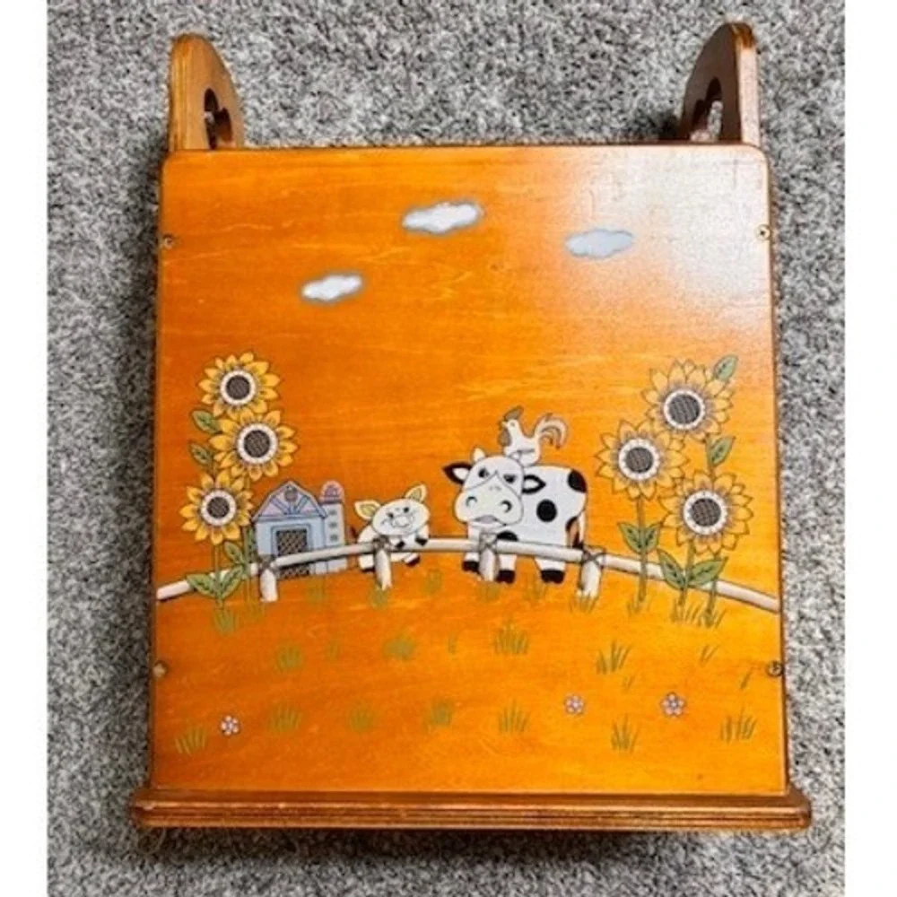 Vintage Wood Kids Book Rack Hand Painted Cow Cat Sunflowers Heart Farmhouse